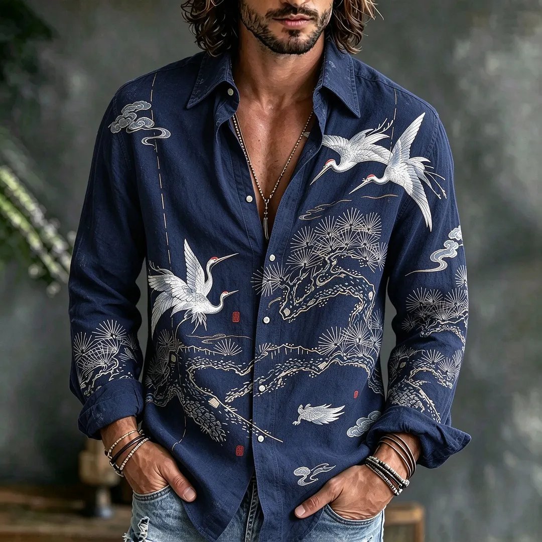 Men's Japanese Style White Crane & Pine Tree Art Print Dark Navy Long Sleeve Shirt