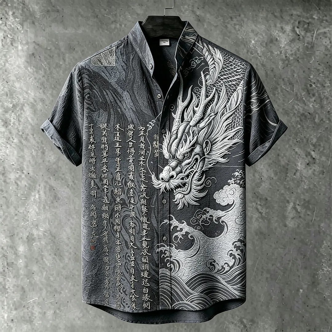 Men's Retro Japanese Art Dragon And Calligraphy Embroidered Print Short-sleeve Shirt