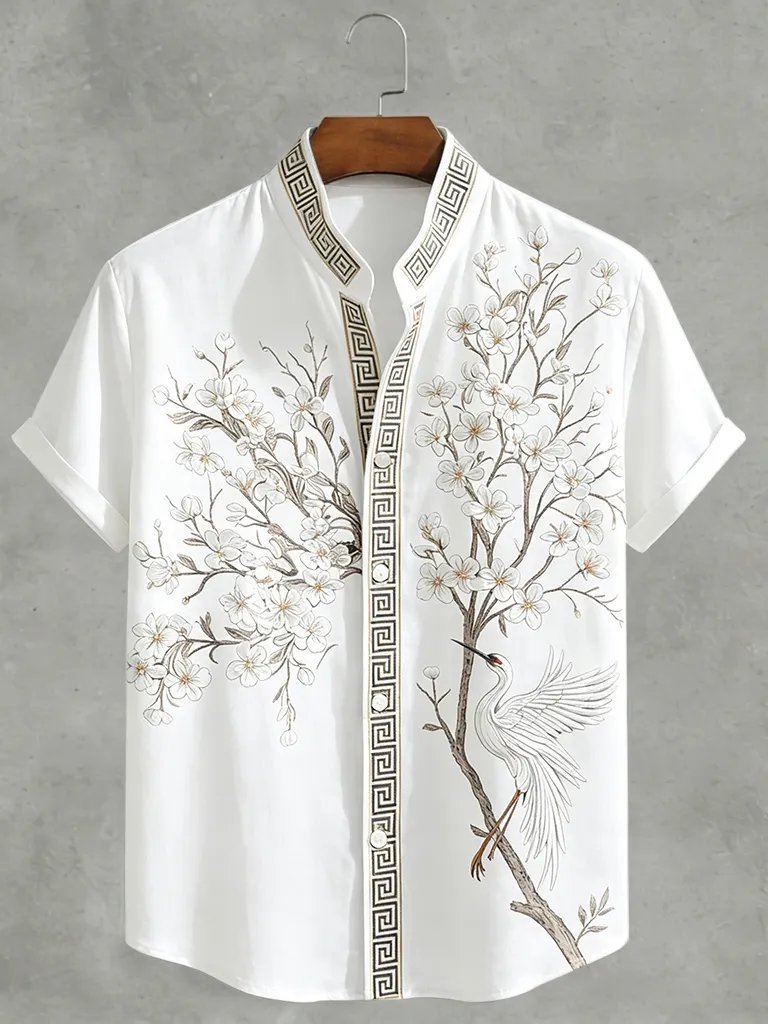Japanese Cherry Blossom & Crane Art Linen Blend Shirt