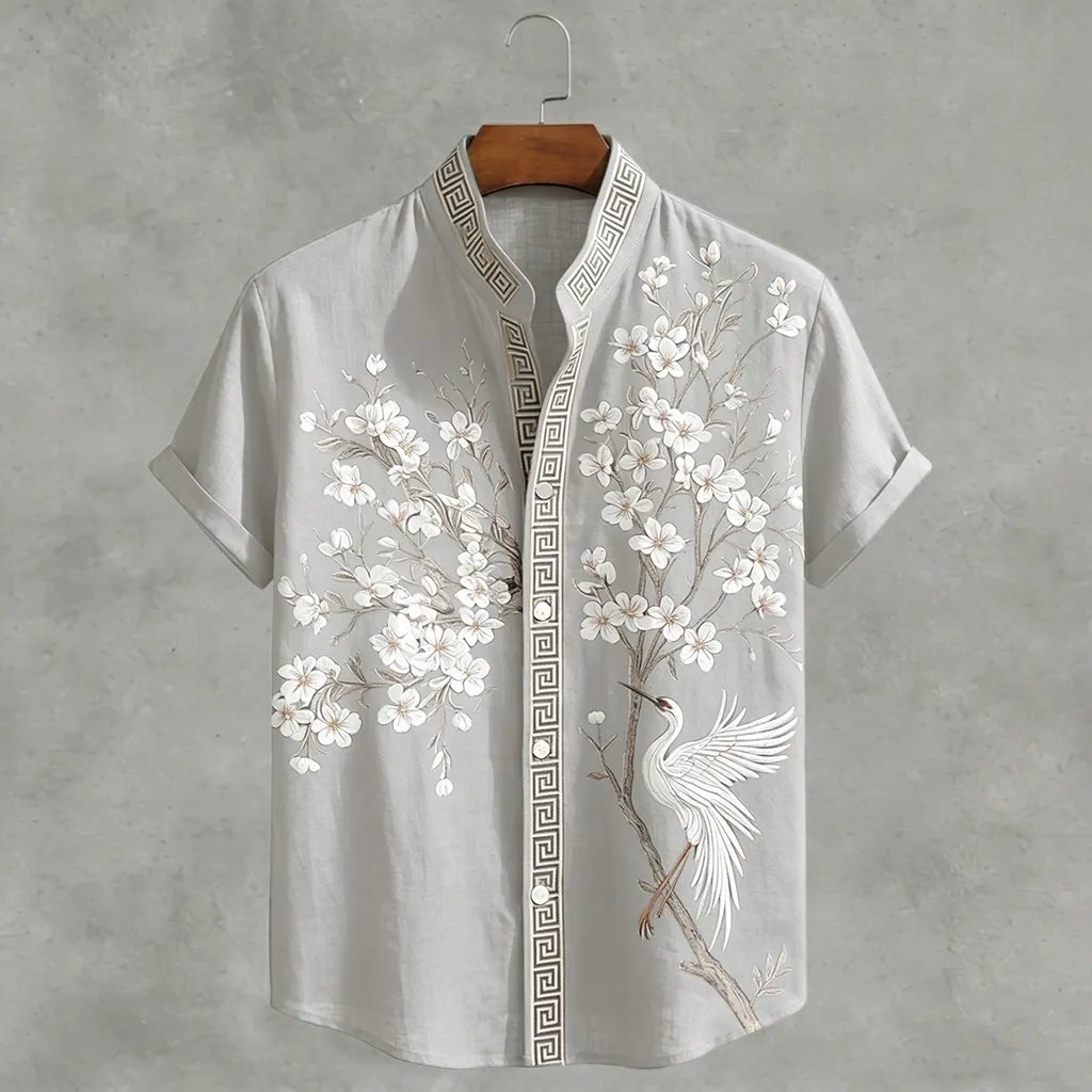 Japanese Cherry Blossom & Crane Art Linen Blend Shirt