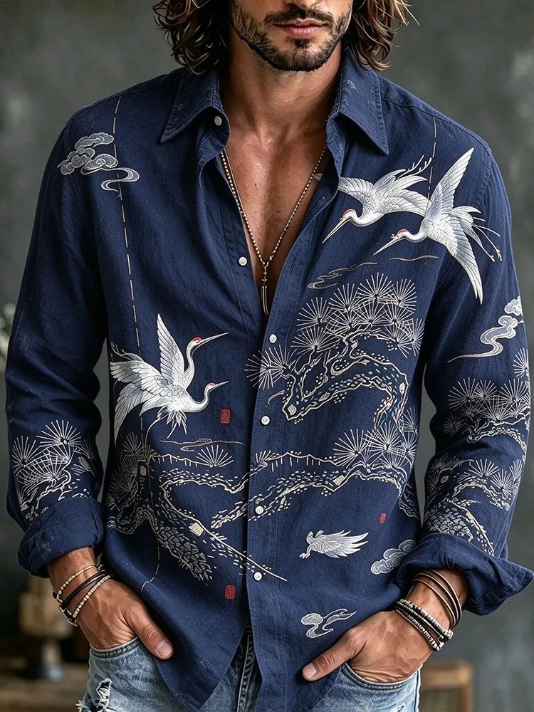 Men's Japanese Style White Crane & Pine Tree Art Print Dark Navy Long Sleeve Shirt