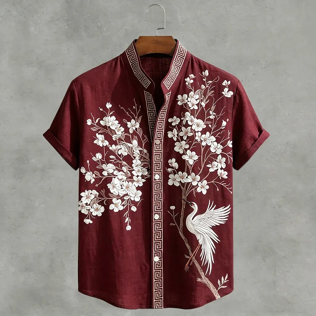 Japanese Cherry Blossom & Crane Art Linen Blend Shirt