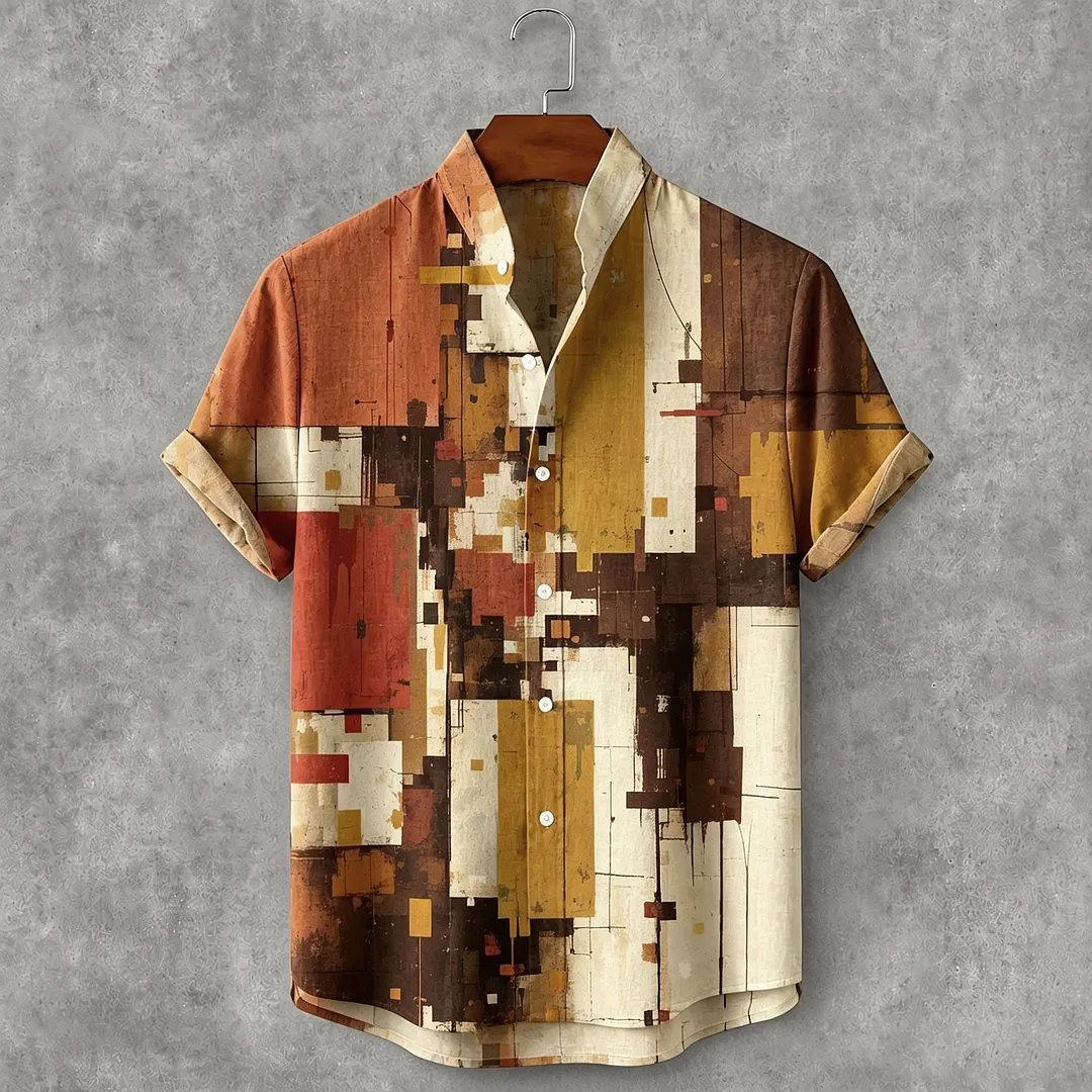 Men's Retro Abstract Geometric Art Print Casual Shirt