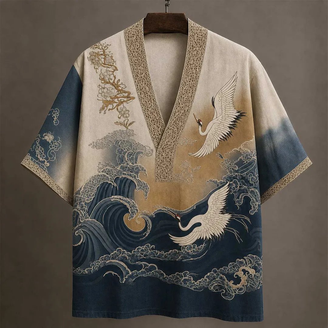 Japanese Embossed Crane Art Men's Linen V-neck Shirt