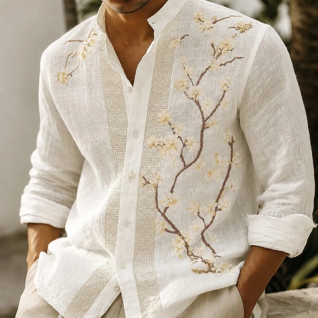 Men's Japanese Artistic Cherry Blossom Linen-blend Shirt