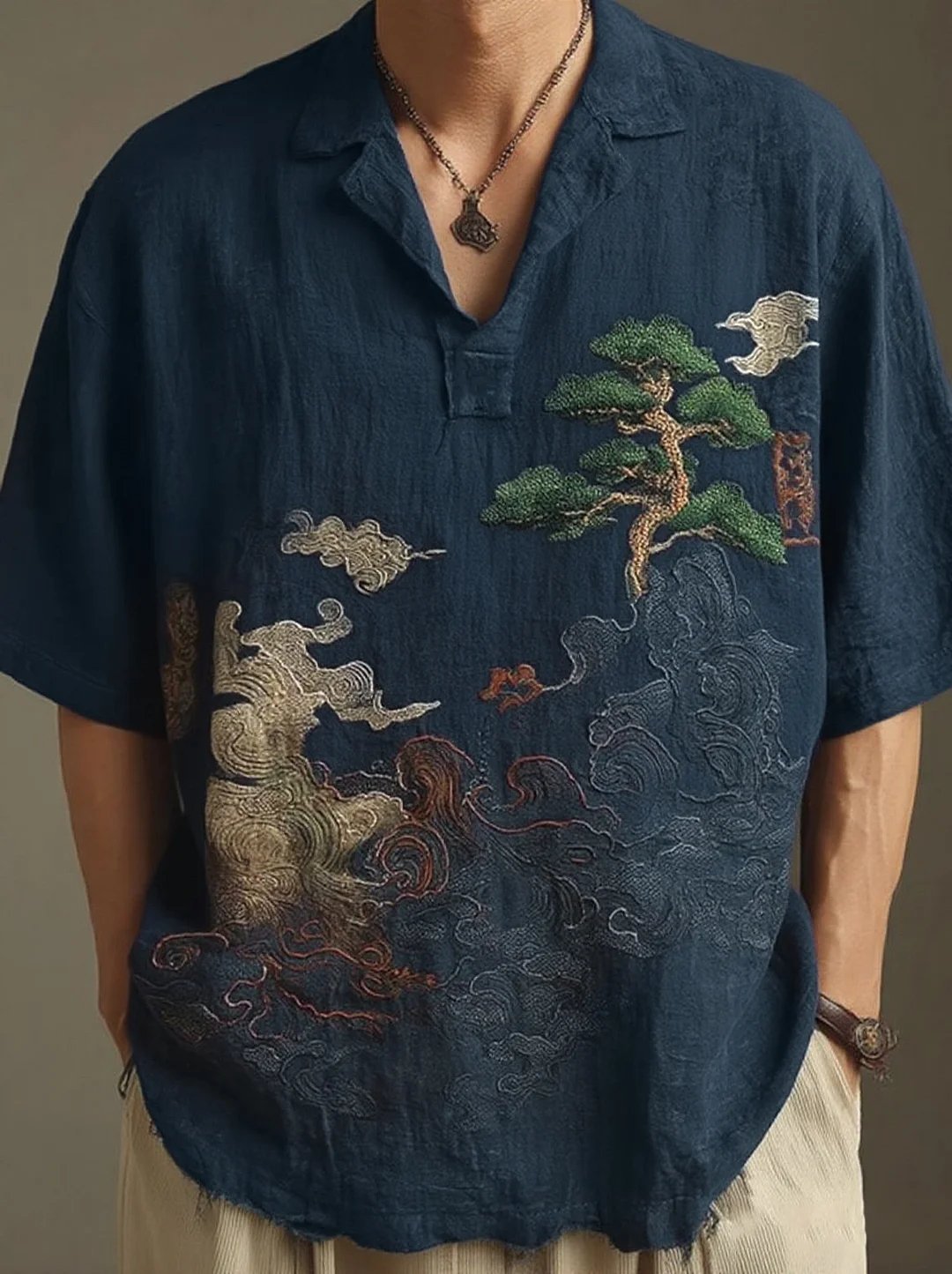 Men's Retro Landscape Embroidery Casual Lapel Short Sleeve Shirt