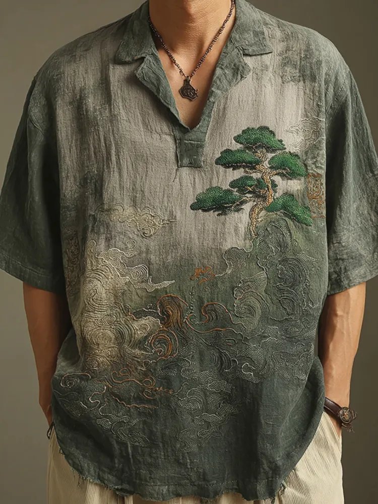 Men's Retro Landscape Embroidery Casual Lapel Short Sleeve Shirt
