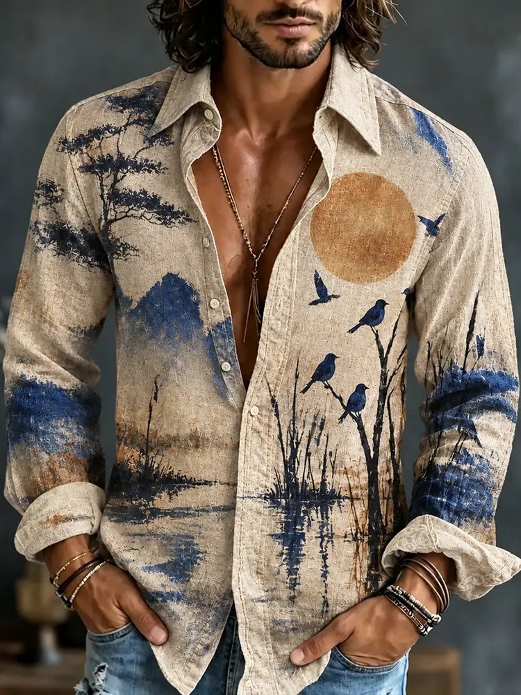 Men's Forest, Mountains, Birds And Full Moon Landscape Pattern Long-sleeve Button-down Shirt