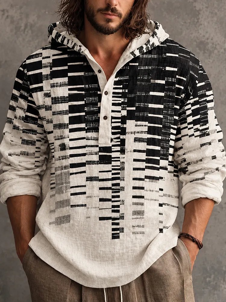 Men's Black White Abstract Block Striped Print Casual Hooded Henley Long Sleeve Shirt