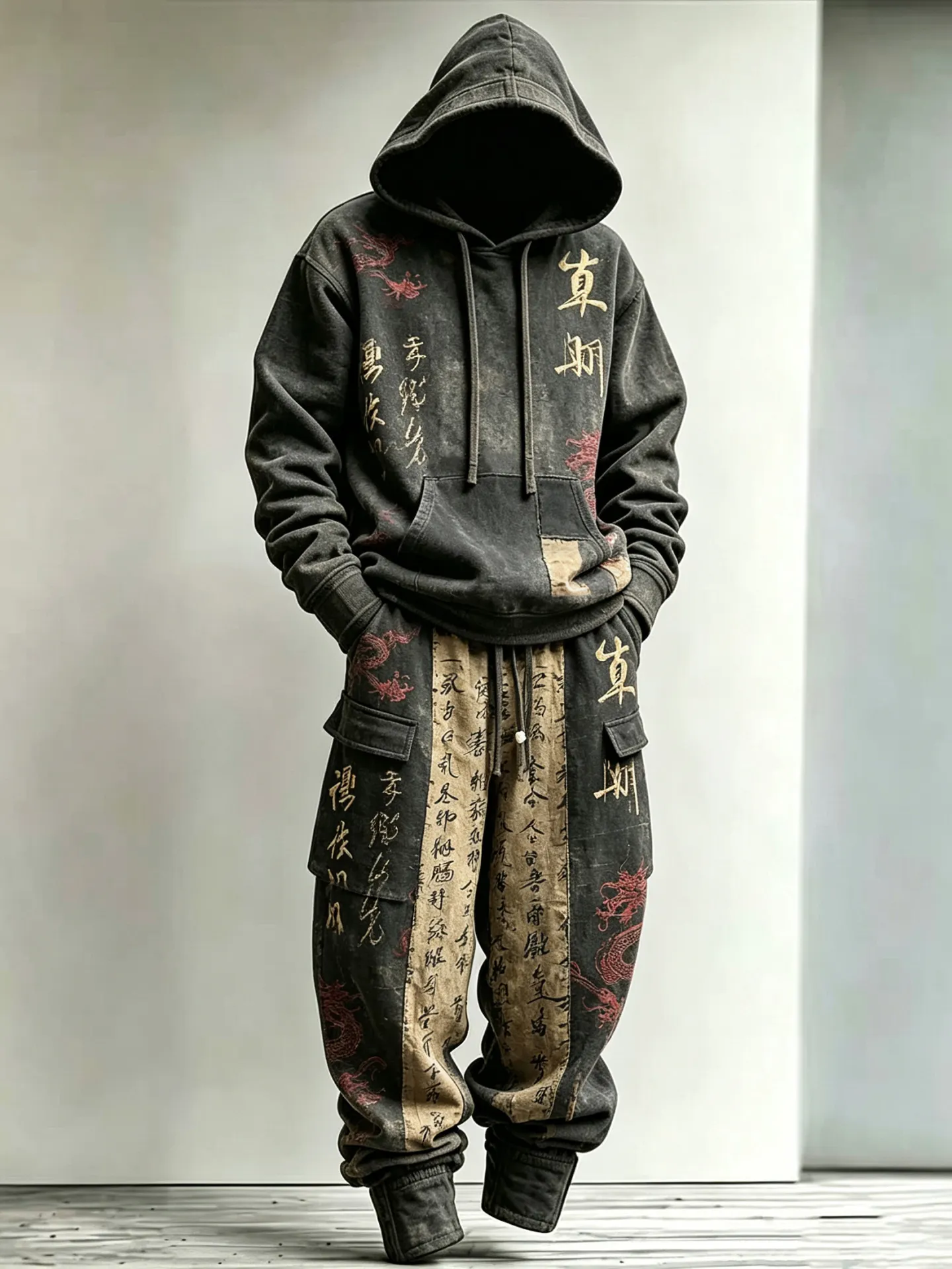 Men's Retro Japanese Calligraphy And Dragon Art Pattern Comfortable Warm Sports Two-piece Set