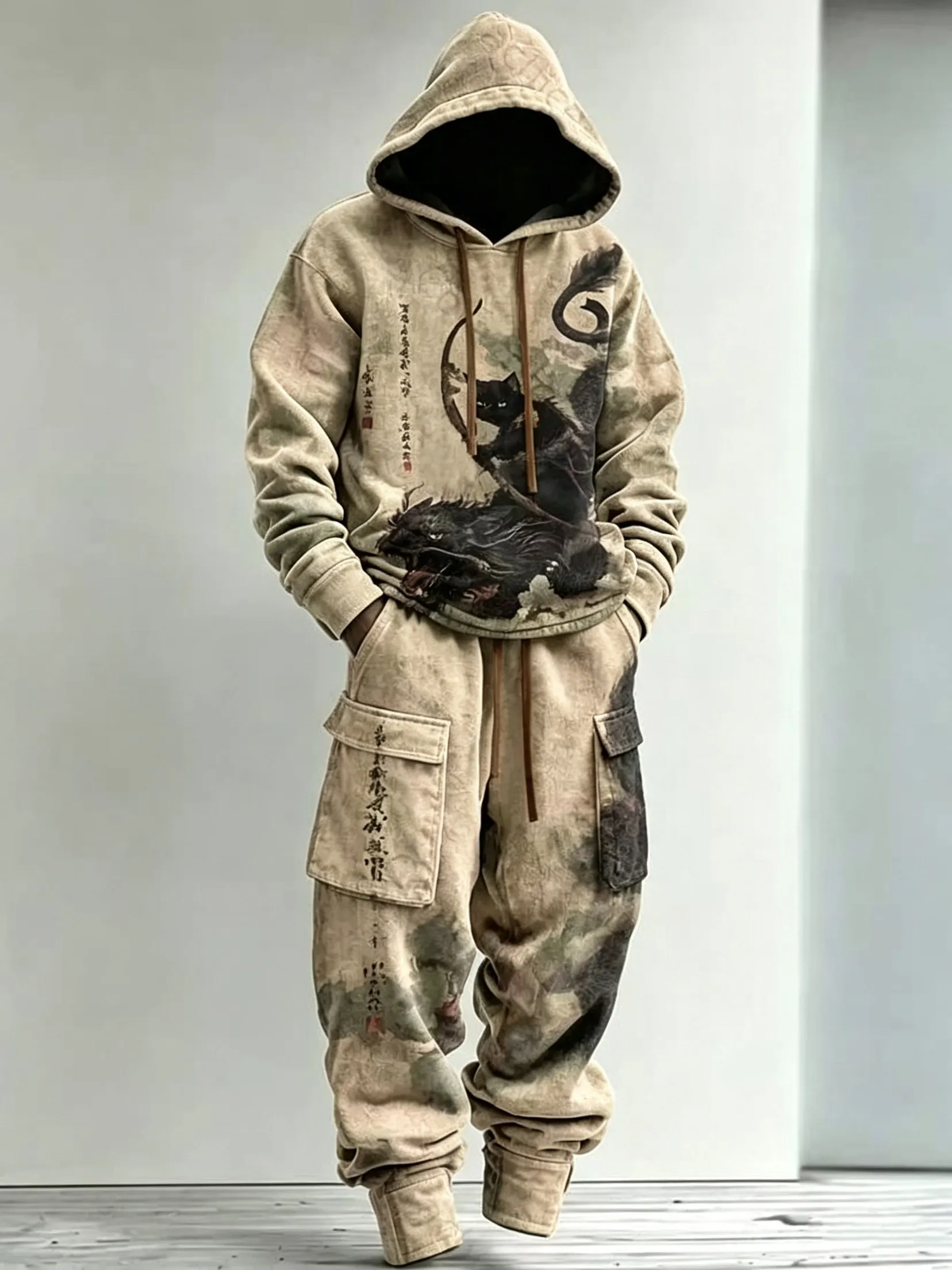 Men's Retro Japanese Art Bow And Arrow Cat Print Hoodie Two-piece Set